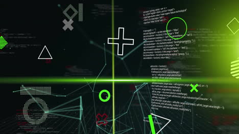 animación de formas giratorias y haces de escáner amarillos sobre redes y procesamiento de datos en negro
