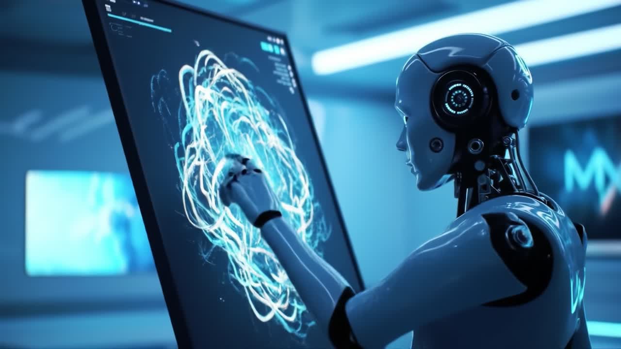 In a high-tech laboratory, a robot engages with a large interactive display, creating intricate visuals while exploring complex data. The environment features a sleek design and advanced equipment.
