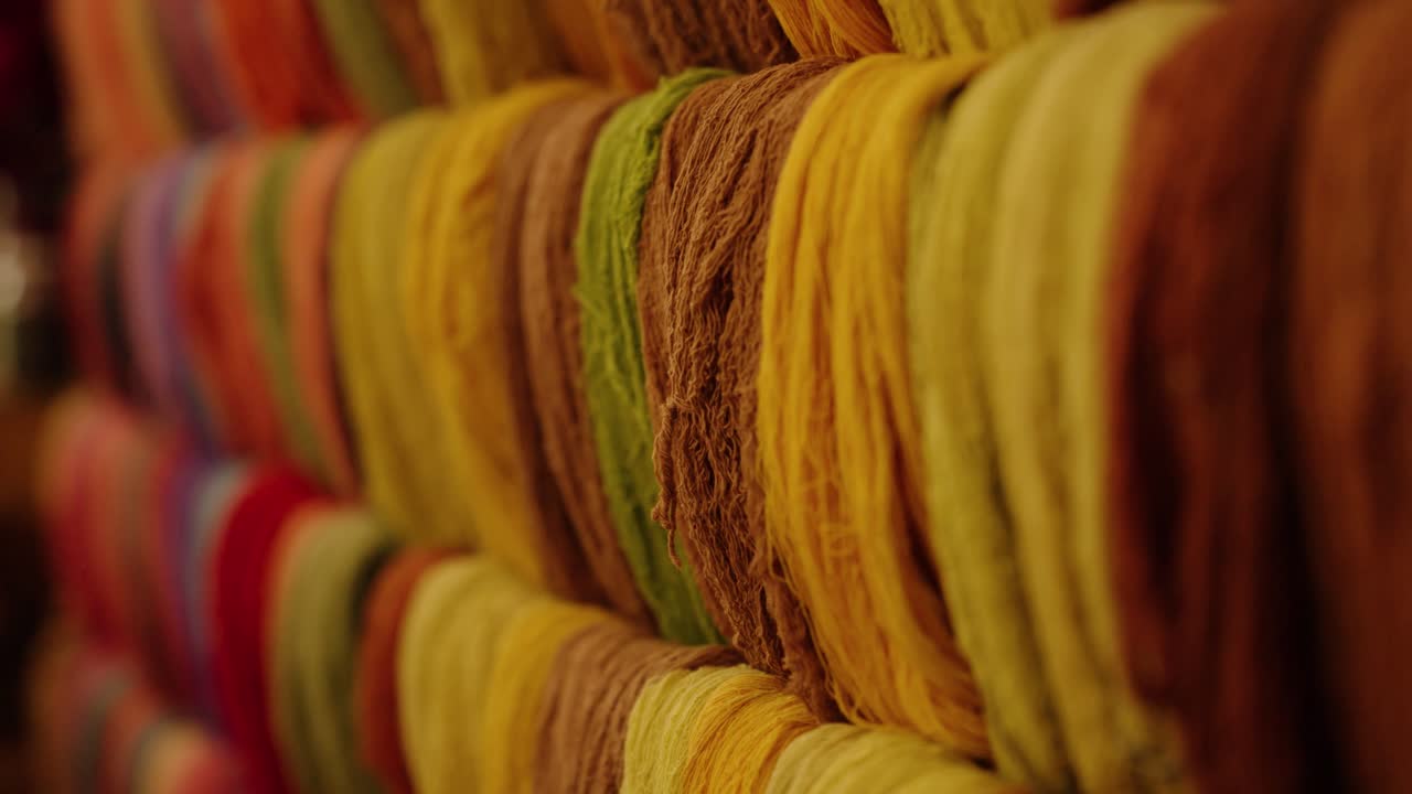Close up of dyed yarn bundles used in Guatemalan textile weaving