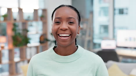 Face,-laughing-and-black-woman-in-a-home-lounge