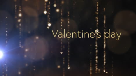 Valentinstag-Textanimation-über-Fallende-Goldene-Herzformen-Auf-Dunklem-Hintergrund