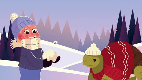 un niño lindo jugando con una tortuga en la escena del paisaje de nieve