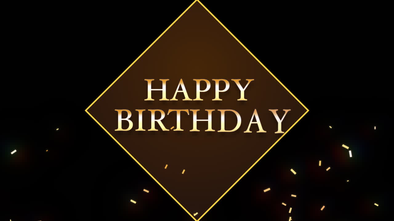 feliz cumpleaños con confeti dorado volando en gradiente negro