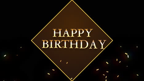 happy birthday with flying gold confetti on black gradient