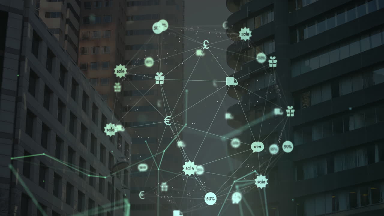 Globo di icone digitali sullo sfondo di edifici alti