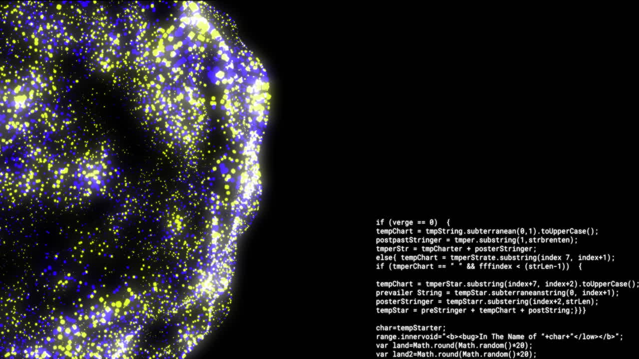 Animazione di una rete 3D luminosa ed elaborazione di dati testuali su sfondo nero