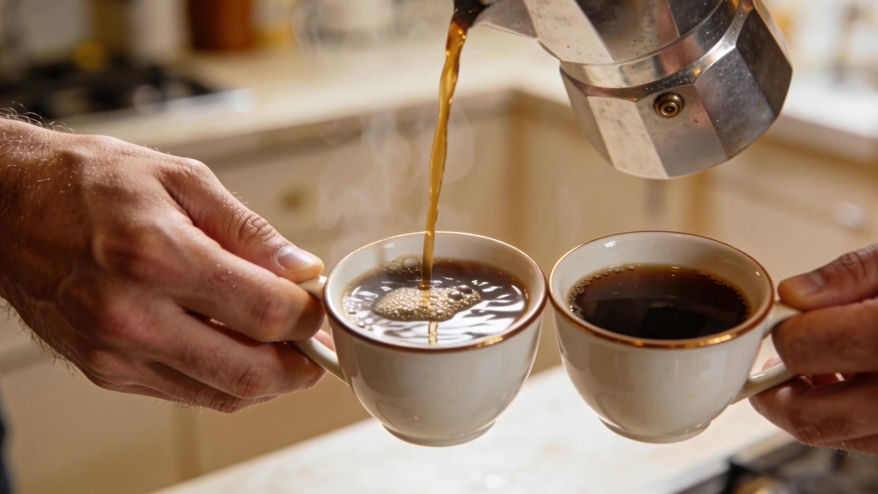 Person med ærmer hælder kaffe fra en mokkakande, tipper og fylder en tom kop derhjemme for at dele kaffen.