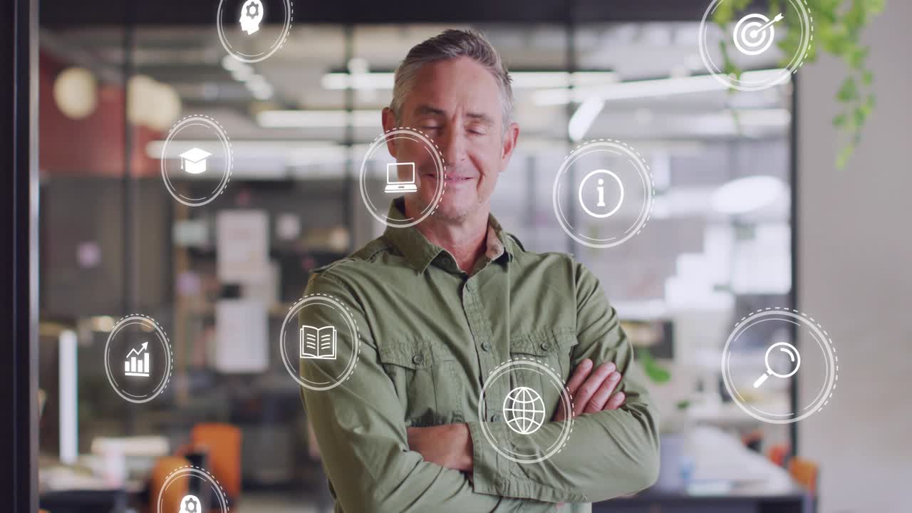 Man standing in office on play causing globe laptop chart orbiting torso, showing business skills