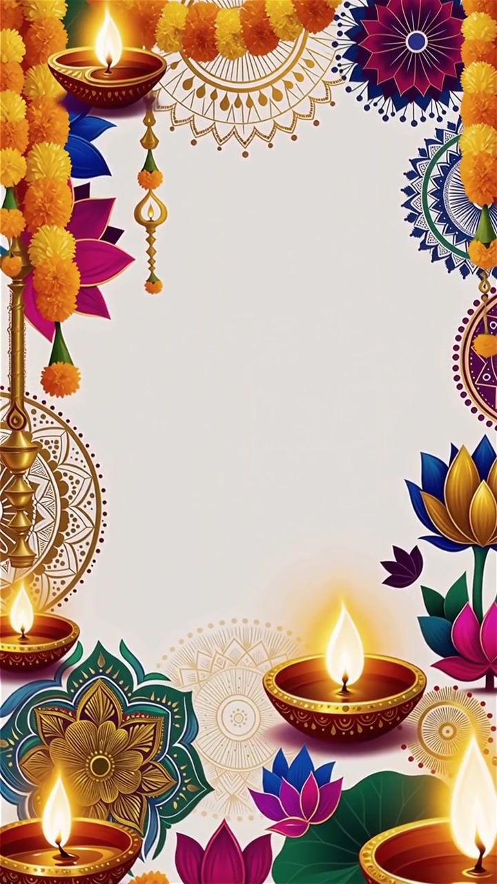 Sfondo Diwali con Diyas luminosi, Rangoli e fiori di loto