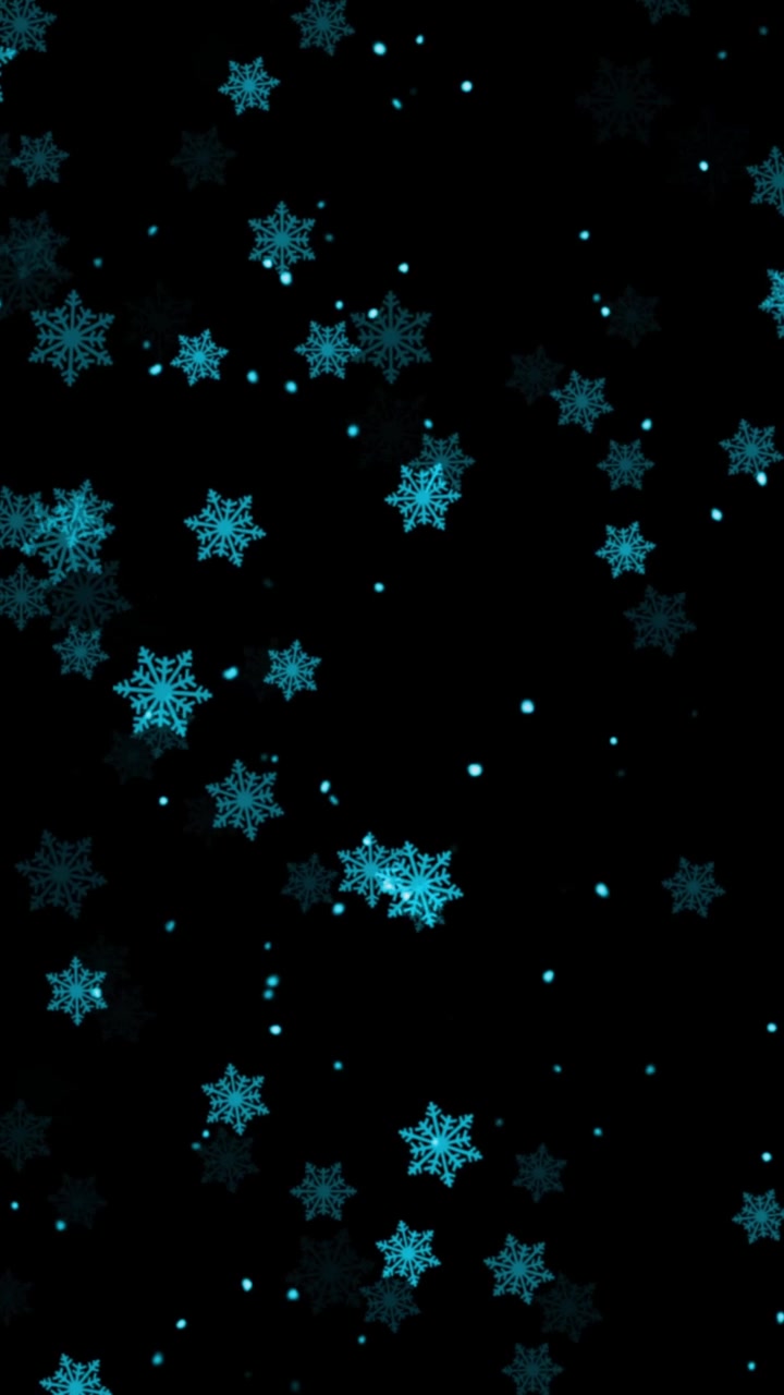 Dense swarm of ornate blue snowflake crystals falling steadily on black background