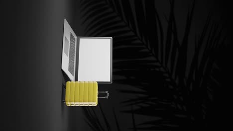 animación 3d de renderización de portátiles modernos y maletas de viaje concepto de remoto nómada digital trabajando en fondo negro vertical