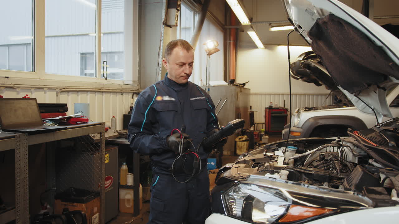 mecánico de automóviles diagnosticando un vehículo en un garaje