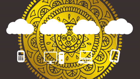 animation of clouds and digital icons over graphic yellow mandala