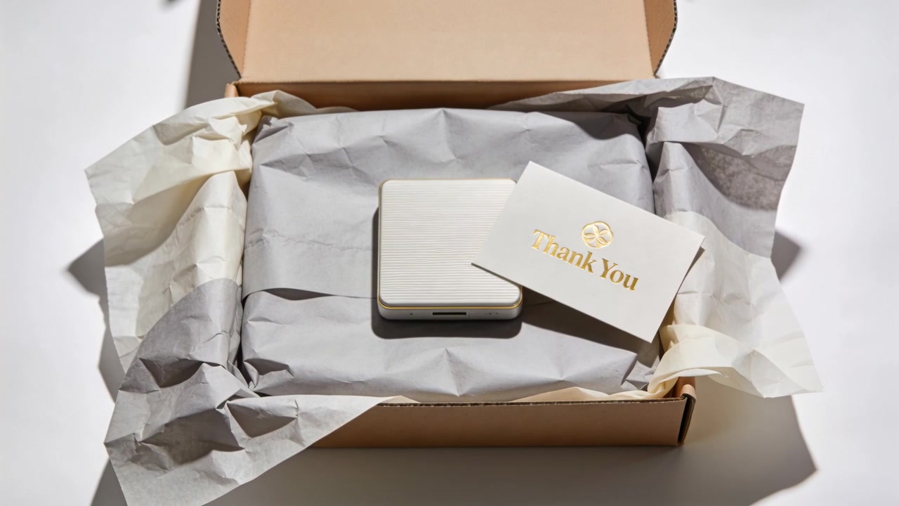 Shifting light showing tan box on white surface, showcasing white device, tissue, Thank You card