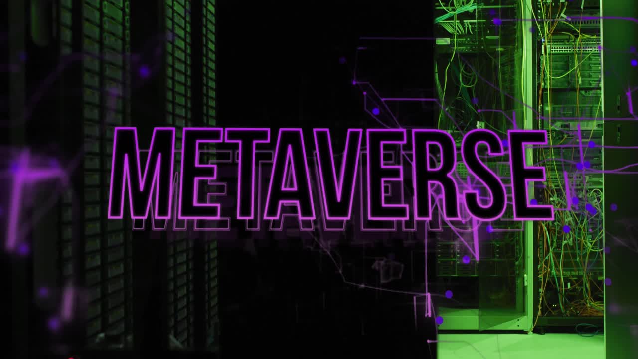 Animation of metaverse text over server room