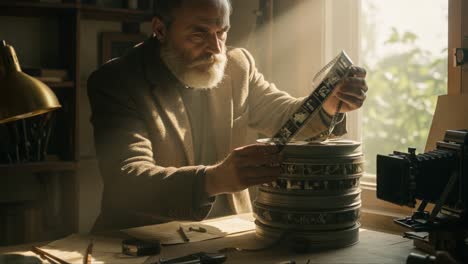 a dedicated artisan carefully examines film strips in a well-lit studio, emphasizing the craftsmanship and passion for cinematic art