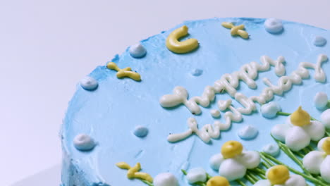 zooming out of a birthday cake, covered with blue buttercream frosting, and embellished with small, white yellow-tipped flowers