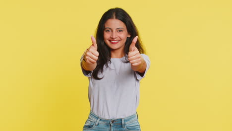 Indian-woman-raises-thumbs-up-agrees-or-gives-positive-reply-recommends-advertisement-like-good-idea