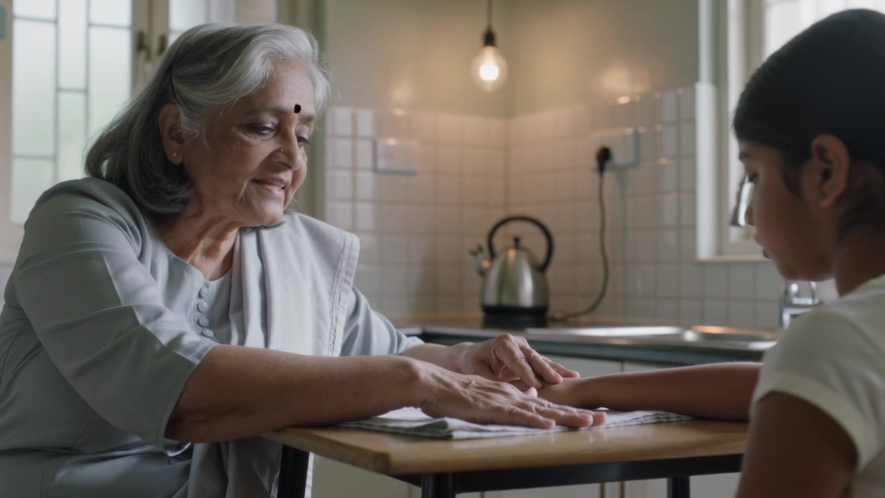 Una donna indiana in kurta appoggia i palmi sul giornale della nipote al tavolo della cucina.