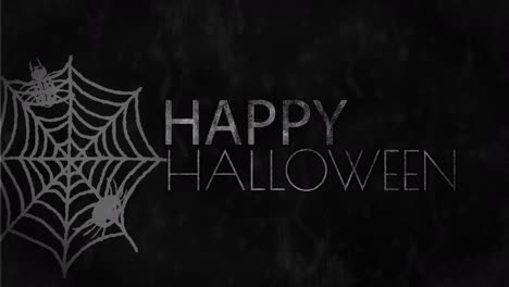 Animation-of-happy-halloween-text-over-spiderweb-on-dark-background