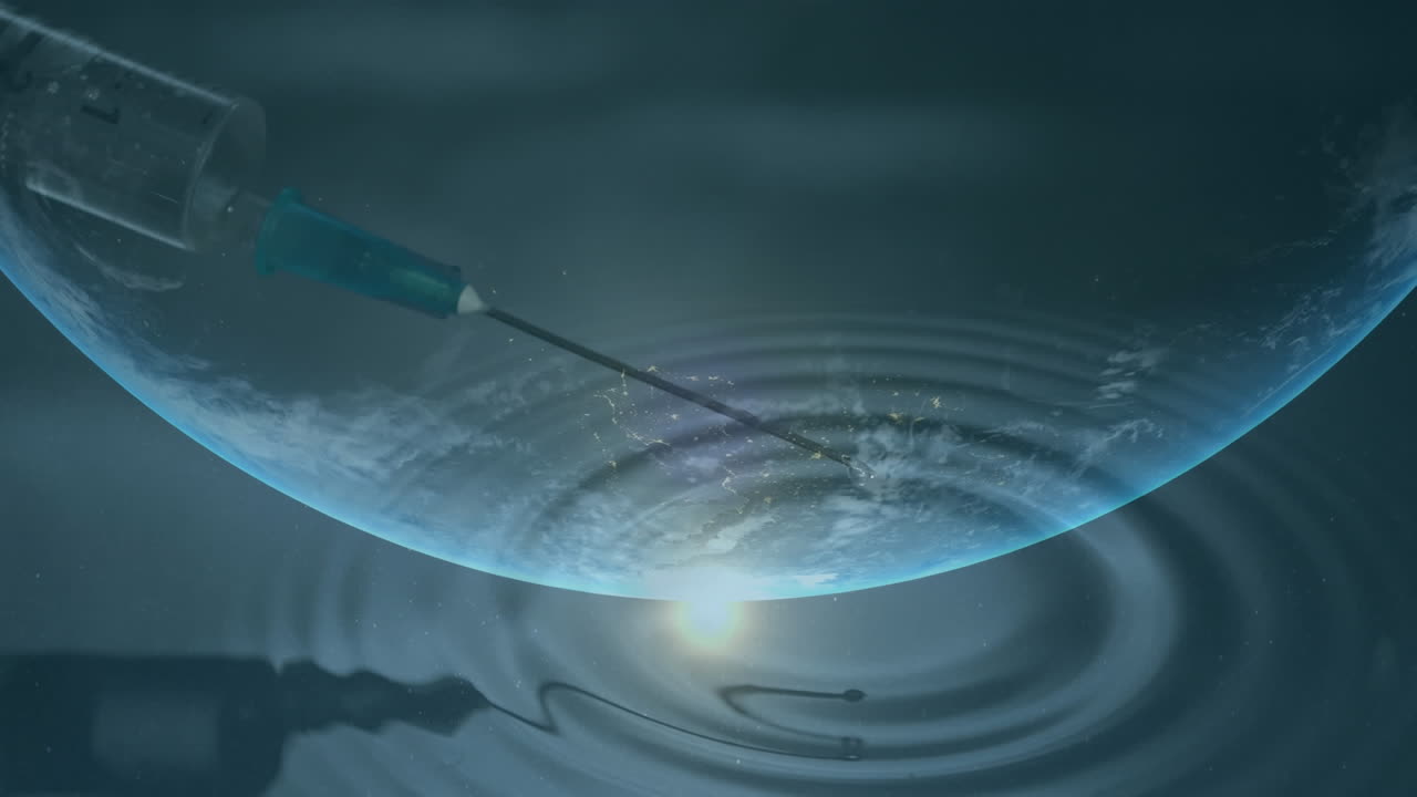 전 세계를 가로질러 뜨는 태양의 애니메이션과 주사기로 액체를 부는 애니메이션