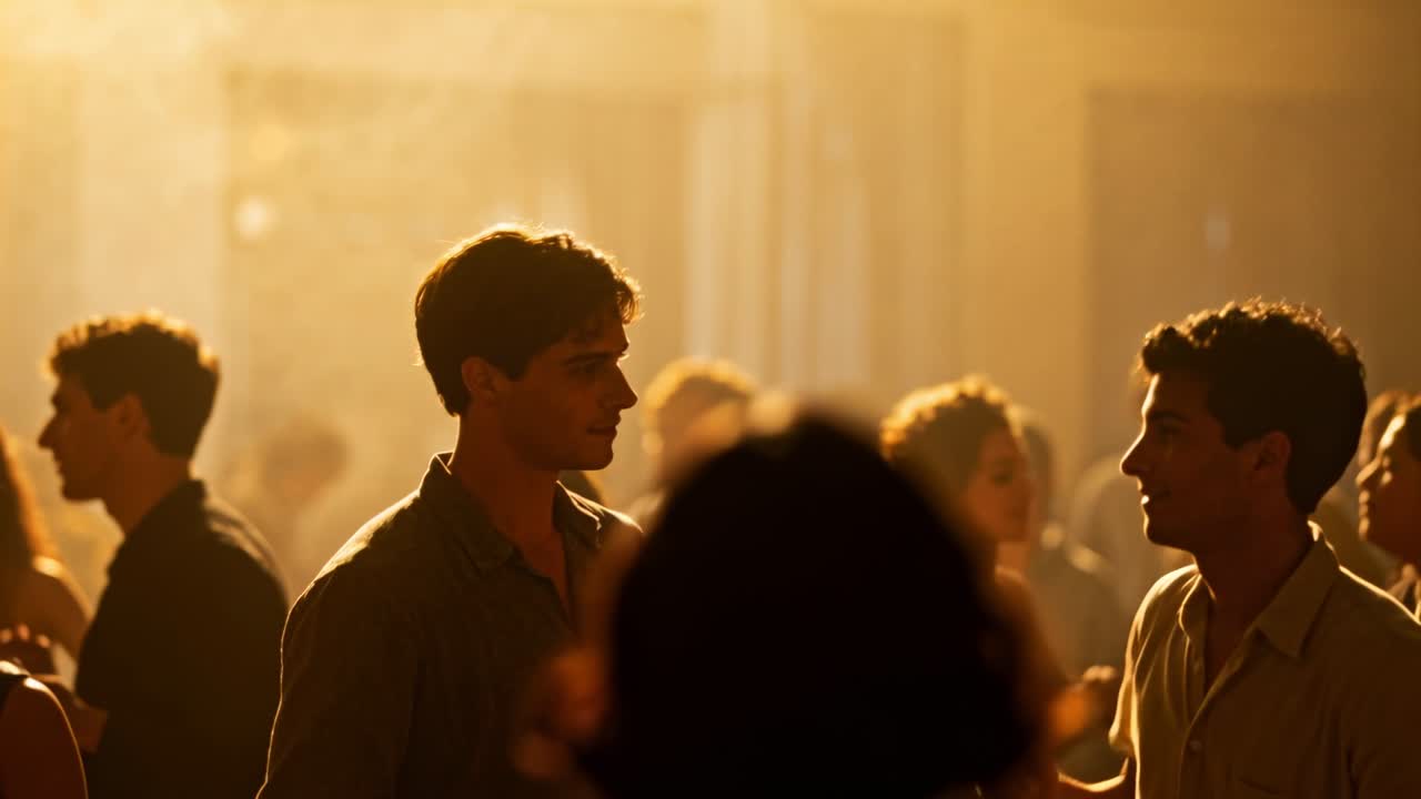 Playing music, two men exchanging glances, smiling while chatting on dance floor with raised arms