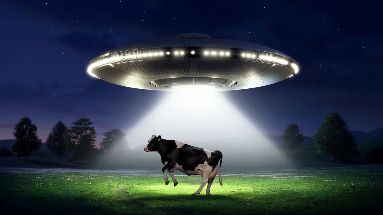 UFO svever over ku på beite, stråle løfter ku inn i glødende tallerken, stjernehimmel, silhuetter av fjerne trær
