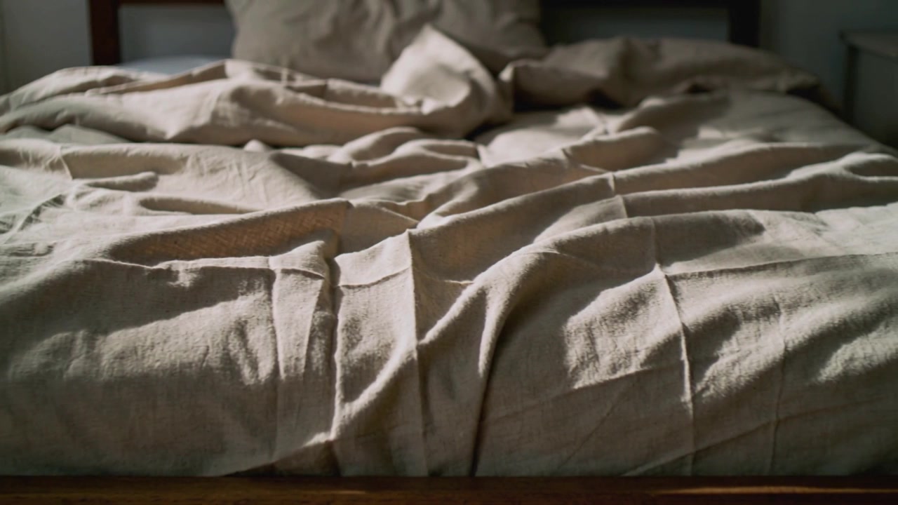 Luce che si sposta dal lato sinistro, facendo sistemare il piumone e i cuscini beige su un letto, con una lampada.