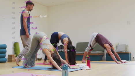 animation of data processing over diverse people doing yoga with instructor at gym