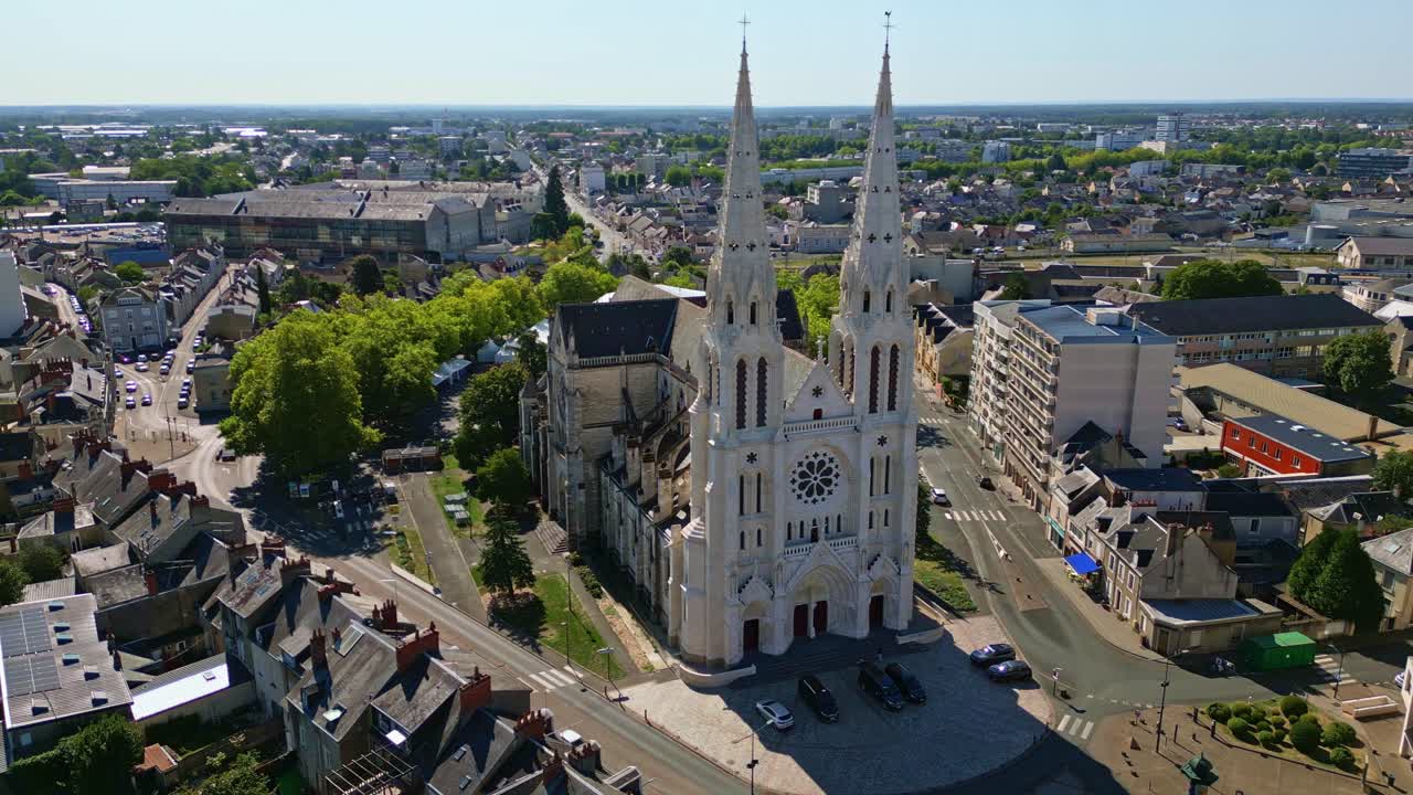 Église Saint-André and surrounding cityscape, Châteauroux, France. Aerial drone panoramic view