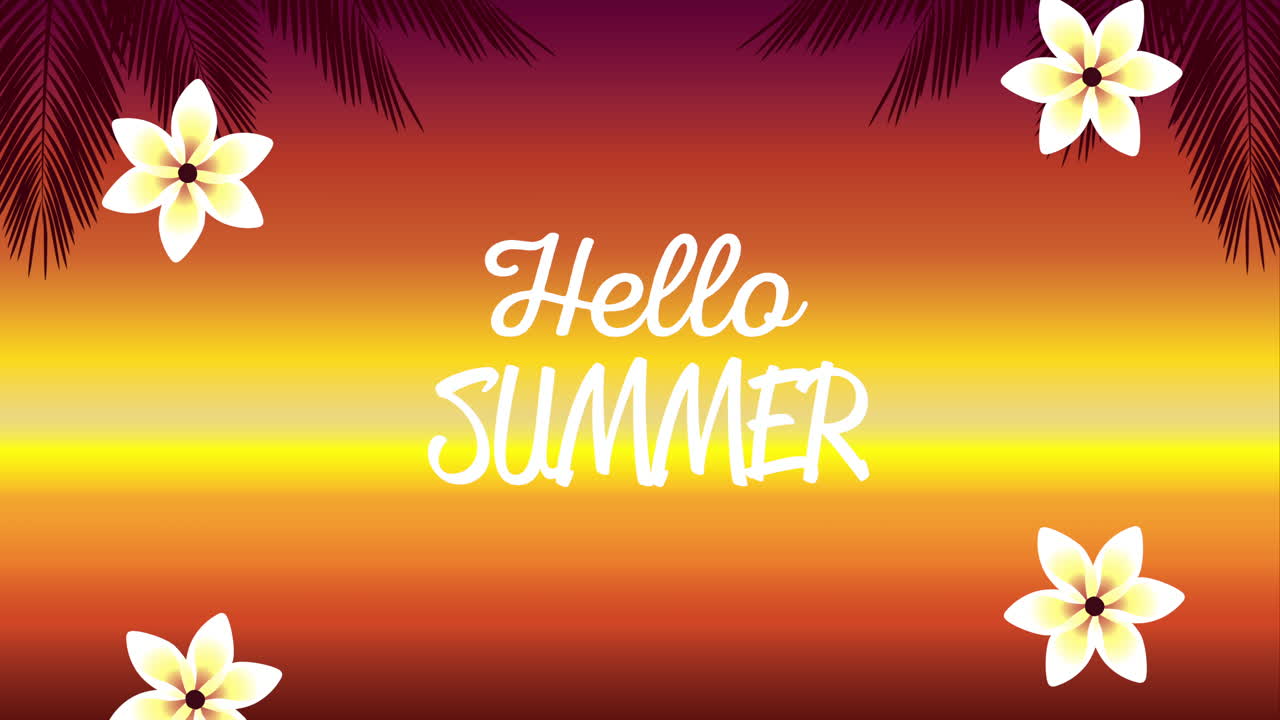 hello summer holiday poster with tropical flowers and leafs background
