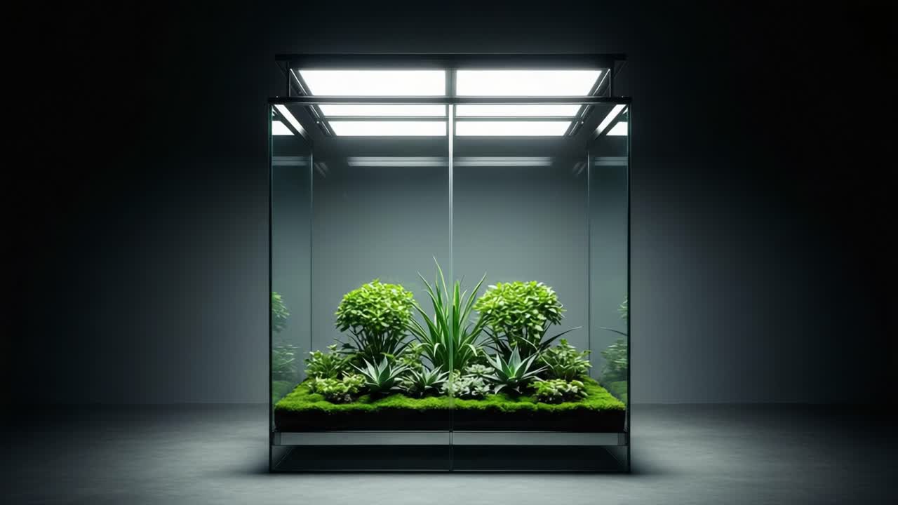 A Contemporary Indoor Garden Showcase with Lush Greenery and Innovative Glass Enclosure, Perfect for Adding Natural Vibes to Modern Interiors