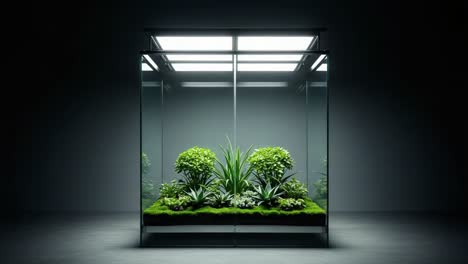 a contemporary indoor garden showcase with lush greenery and innovative glass enclosure, perfect for adding natural vibes to modern interiors