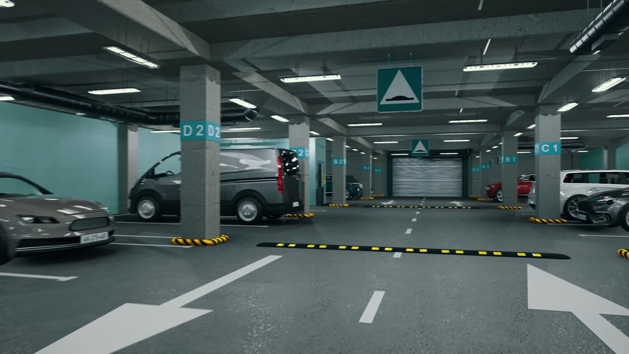 Underground parking with cars. Modern underground parking. Indoor full modern parking. Underground Parking Garage Scene