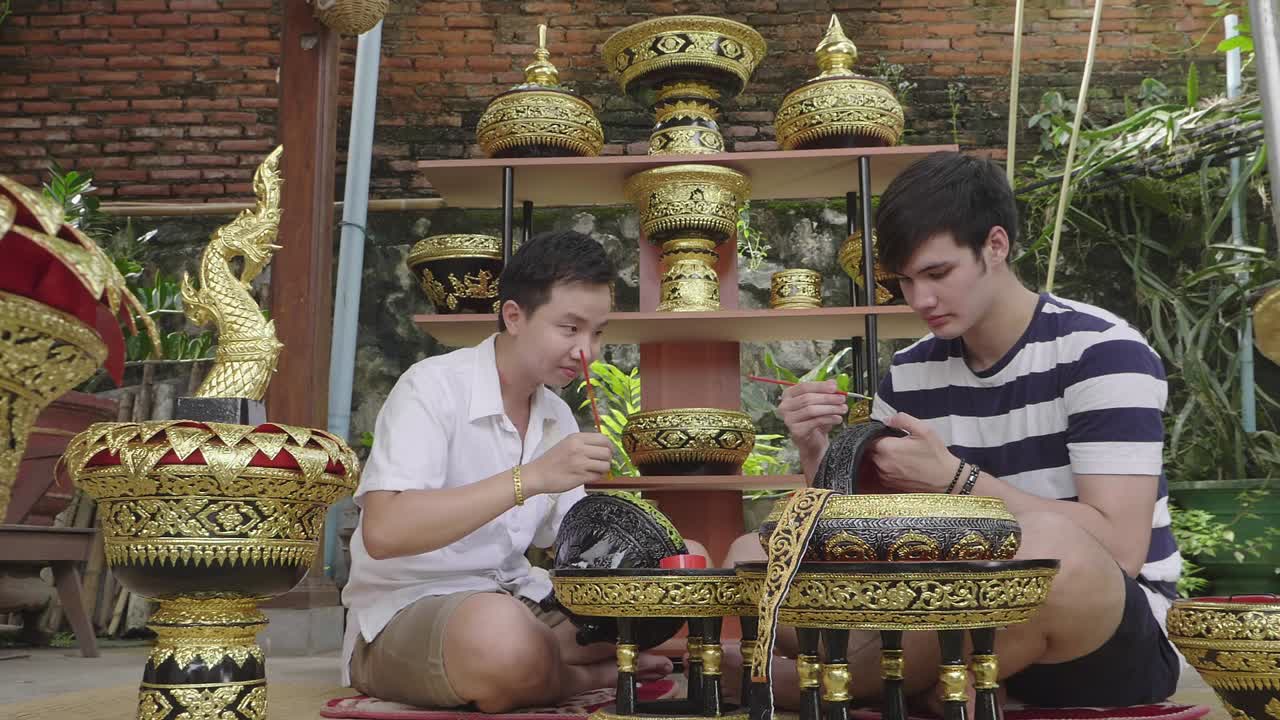 Thai Artisans Painting Decorated Wooden Bowls