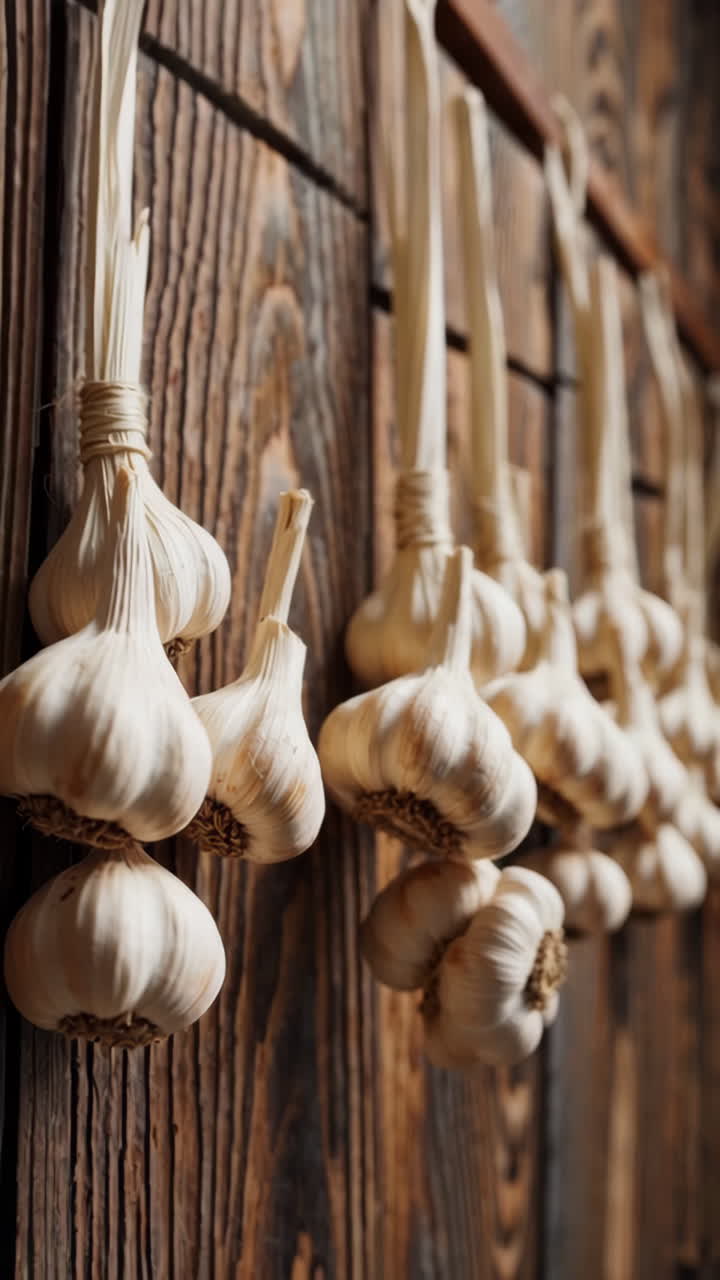 Garlic Braids Hanging on a Rustic Wooden Wall
