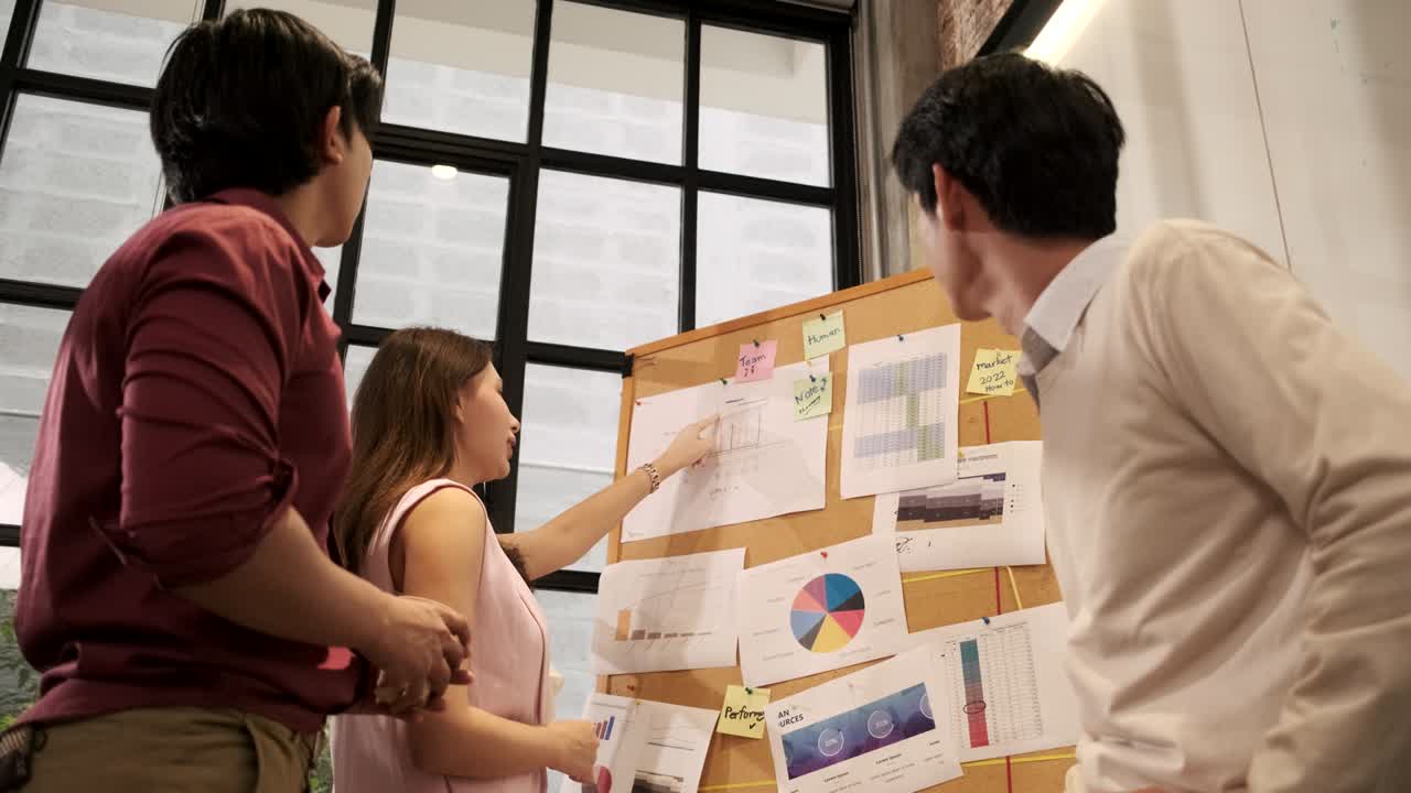 여성 노동자가 비즈니스 사무실에서 아시아 동료들에게 금융 전략을 제시합니다.