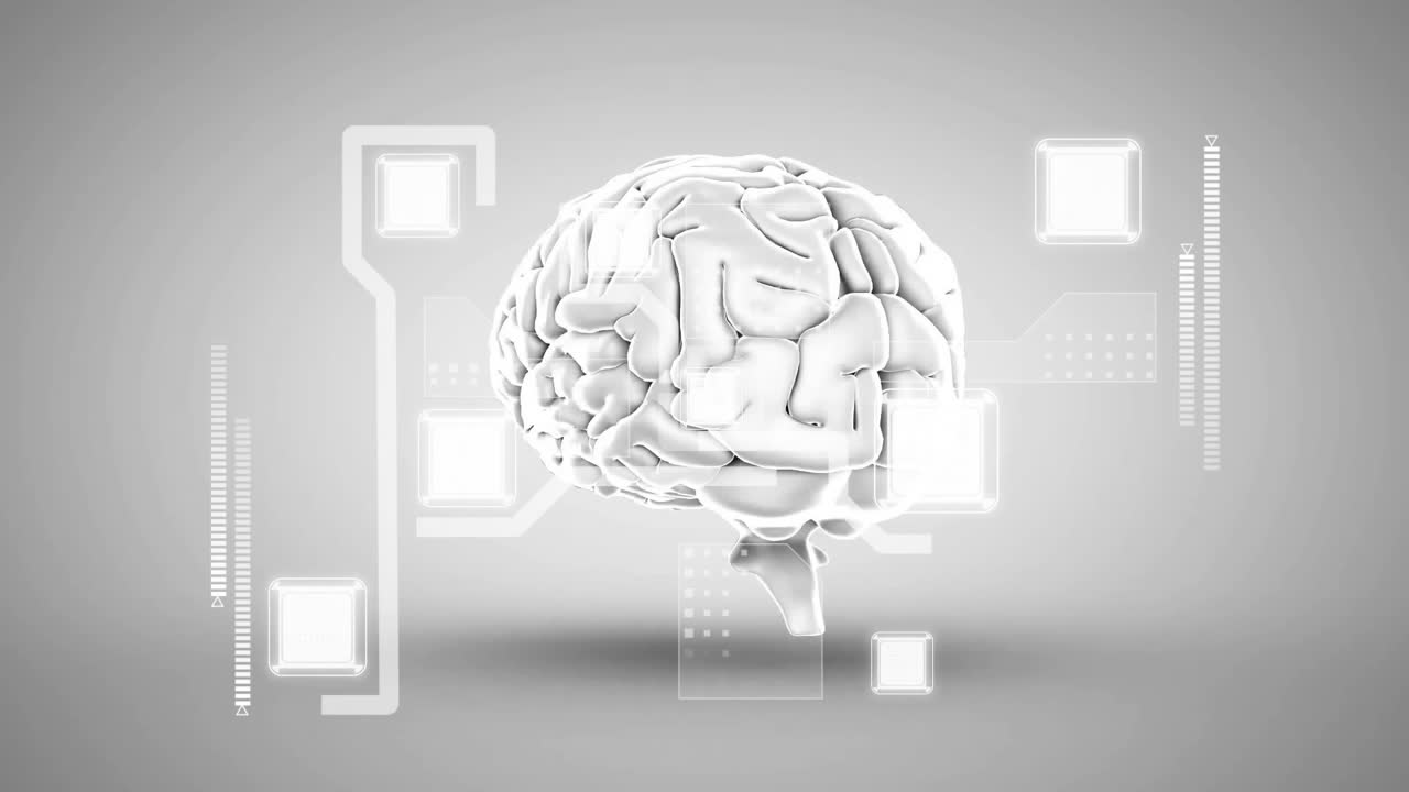 animación de cerebro digital con placa de circuito de computadora en fondo gris