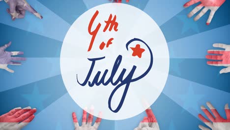 Animation-of-fourth-of-july-text-over-hands-painted-with-american-flag-pattern