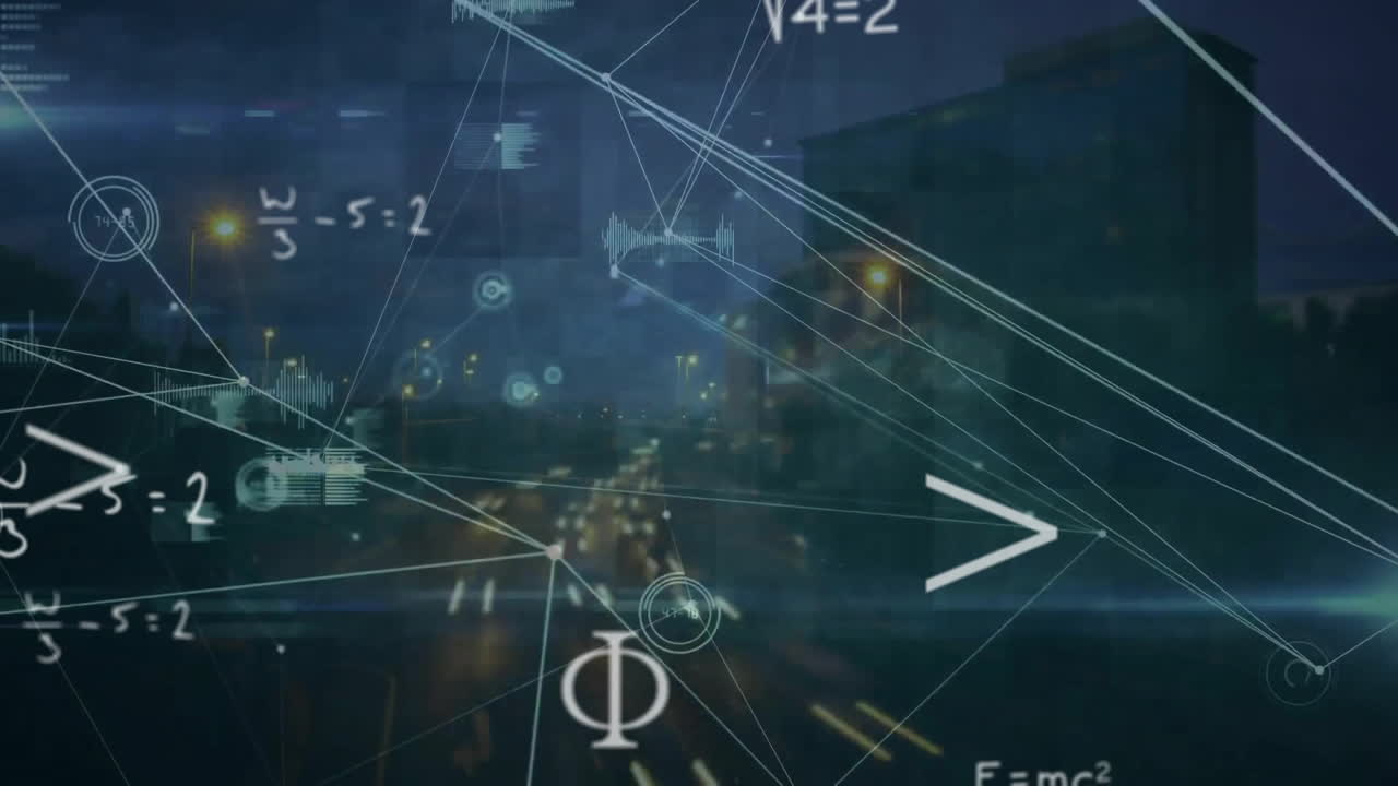 Animation of mathematical equations, connected dots, graph icons, time lapse of moving vehicles