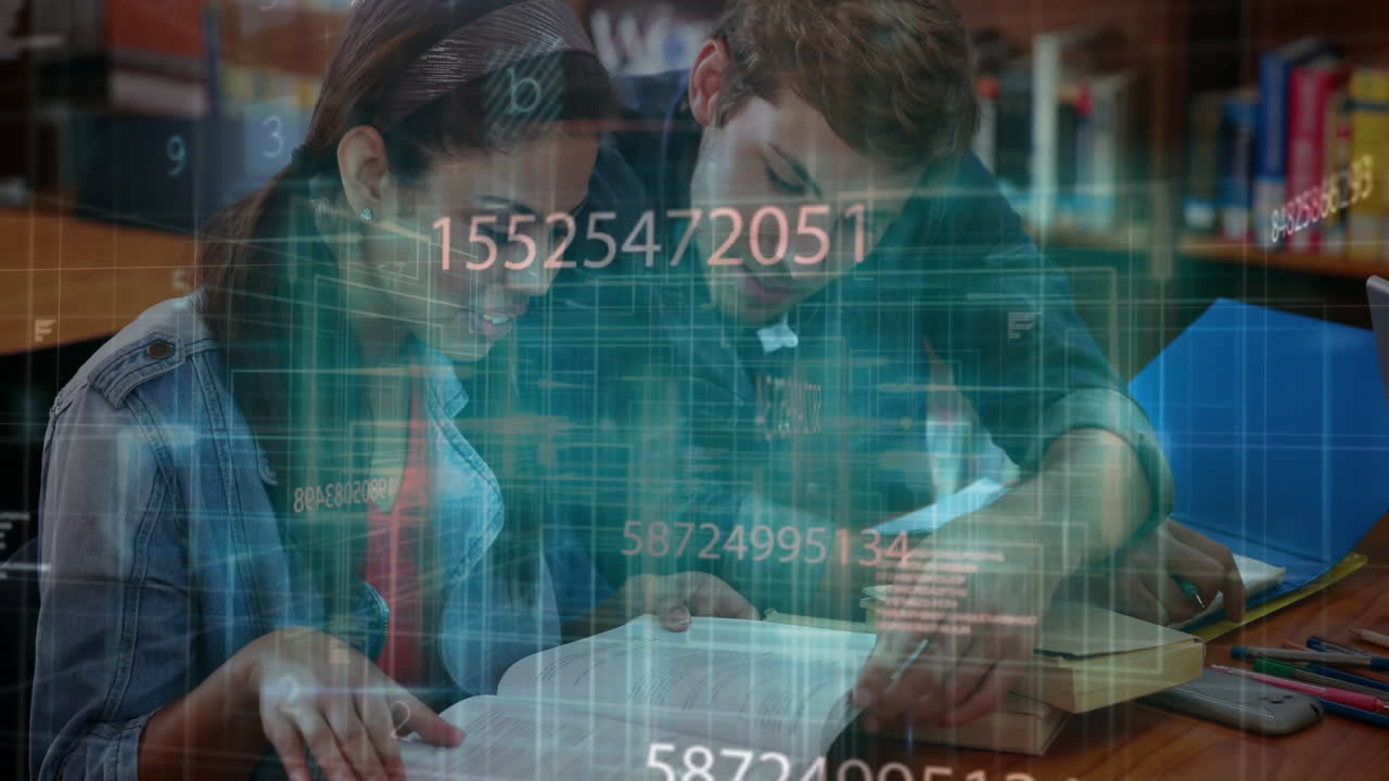 Students studying together with digital numbers and data overlay animation