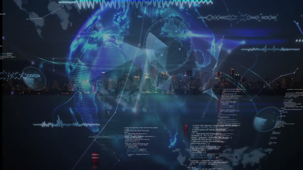 Animation of globe of plexus networks and data processing against aerial view of cityscape at night
