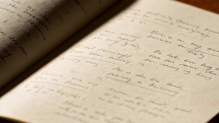 Pulling focus, camera revealing open bound notebook on wooden desk, showing cursive notes for study