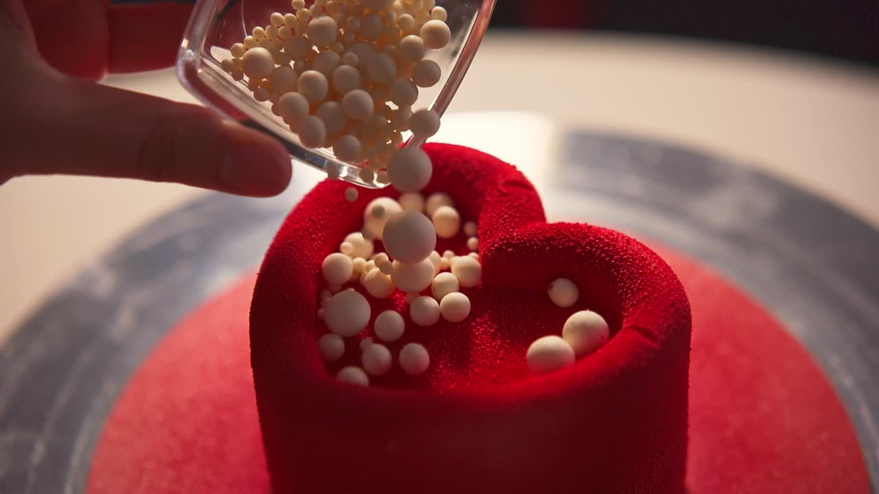 Decorating a Red Heart-Shaped Cake with White Sprinkles