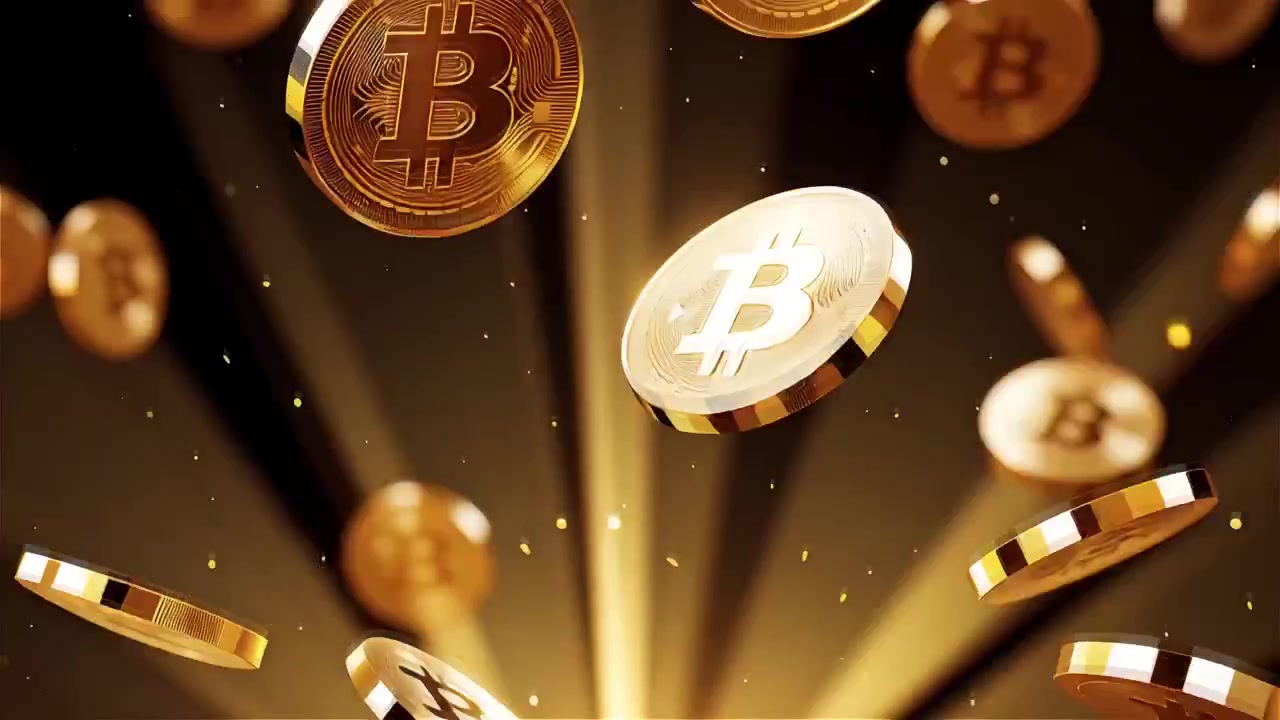 Bitcoin in rotazione su sfondo nero drammatico 4k