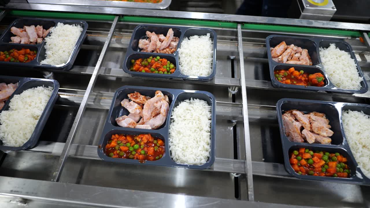 comidas preparadas en cintas transportadoras automáticas, envasado de almuerzos preparados