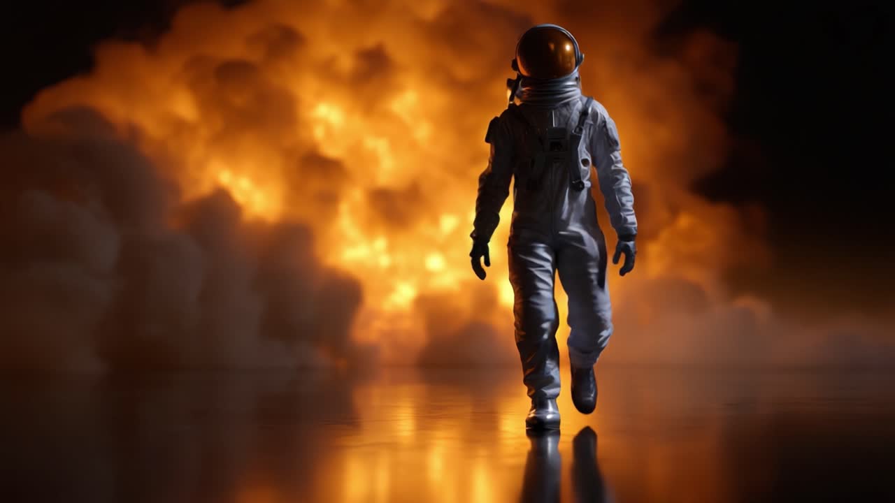Un Astronauta Cammina Attraverso un'Esplosione Infuocata con una Postura Sicura e un'Espressione Determinata, Circondato da Fiamme Intense e Fumo in un Paesaggio Drammatico.