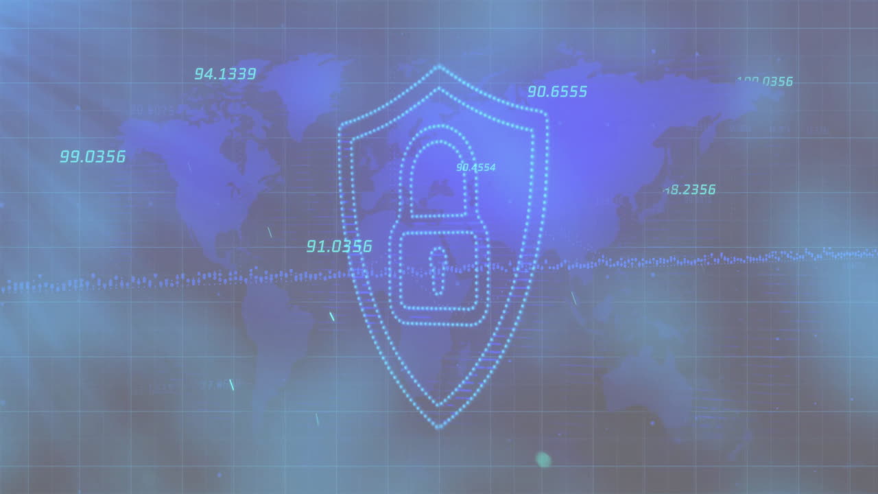Animation of digital data processing over padlock icon