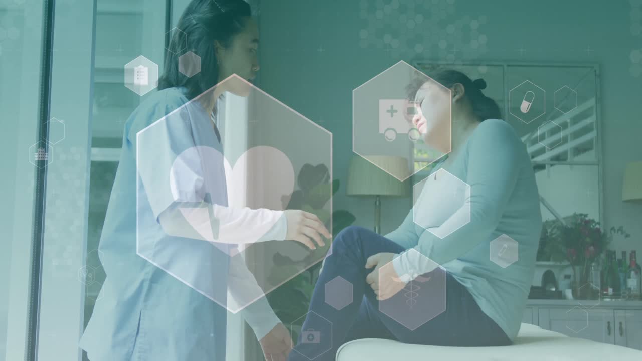 아시아 여성 환자와 의사에 대한 의료 아이콘의 애니메이션