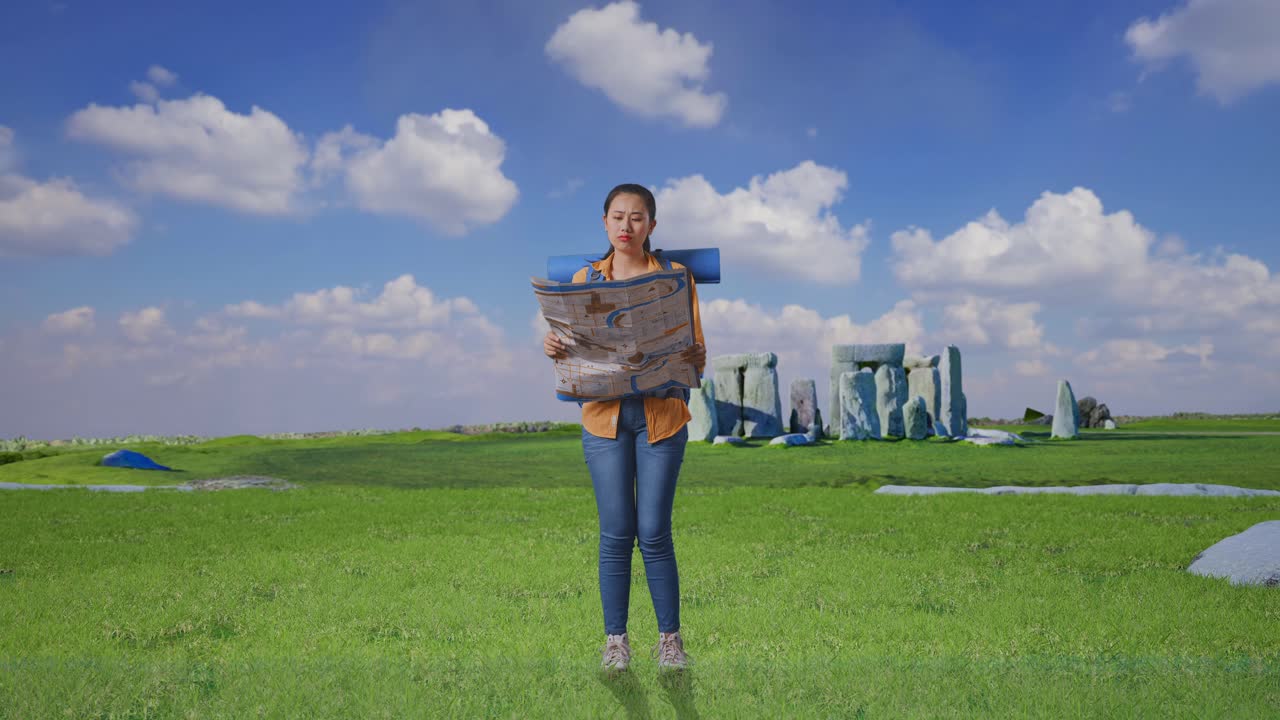 Full Body Of Asian Female Hiker With Mountaineering Backpack Looking At The Map Then Looking Around While Traveling In Stonehenge